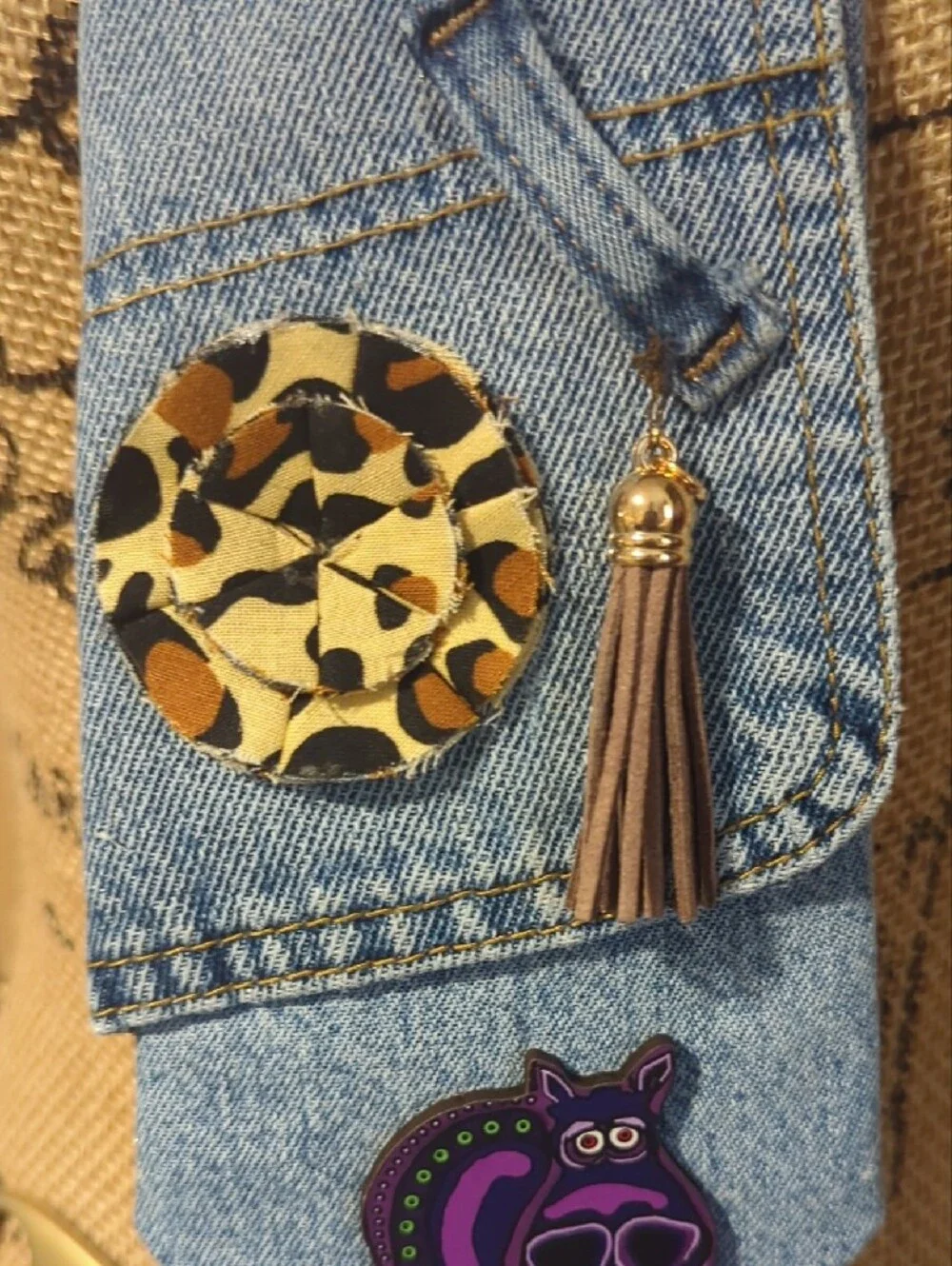 Denim Animal Pin & Tassel Tie- Blue